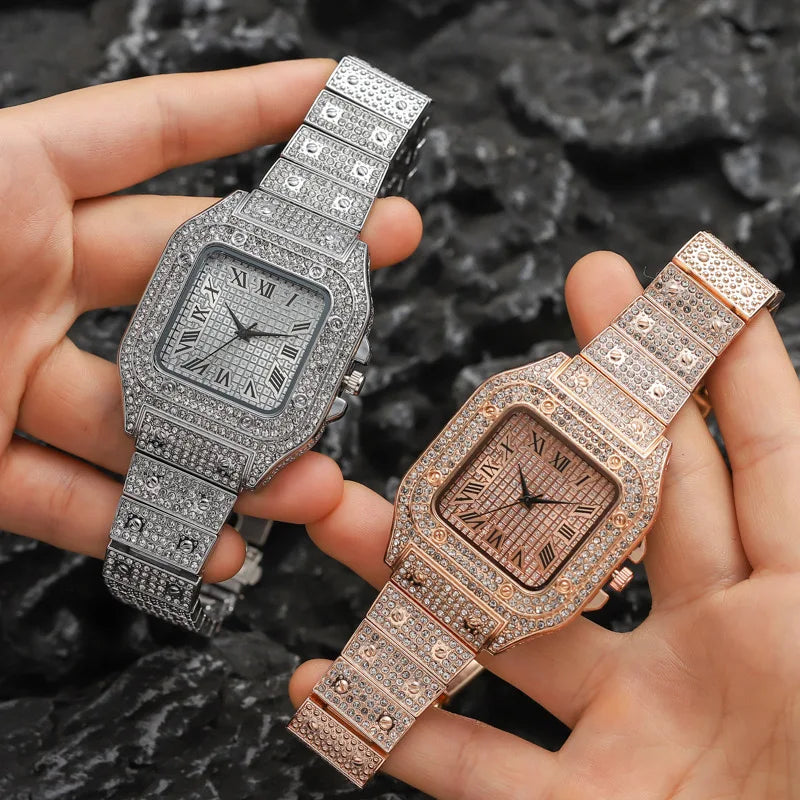 Luxury Men’s Square Quartz Watch - Steel Strap Roman Numeral Rhinestone Business Wristwatch for Casual Style