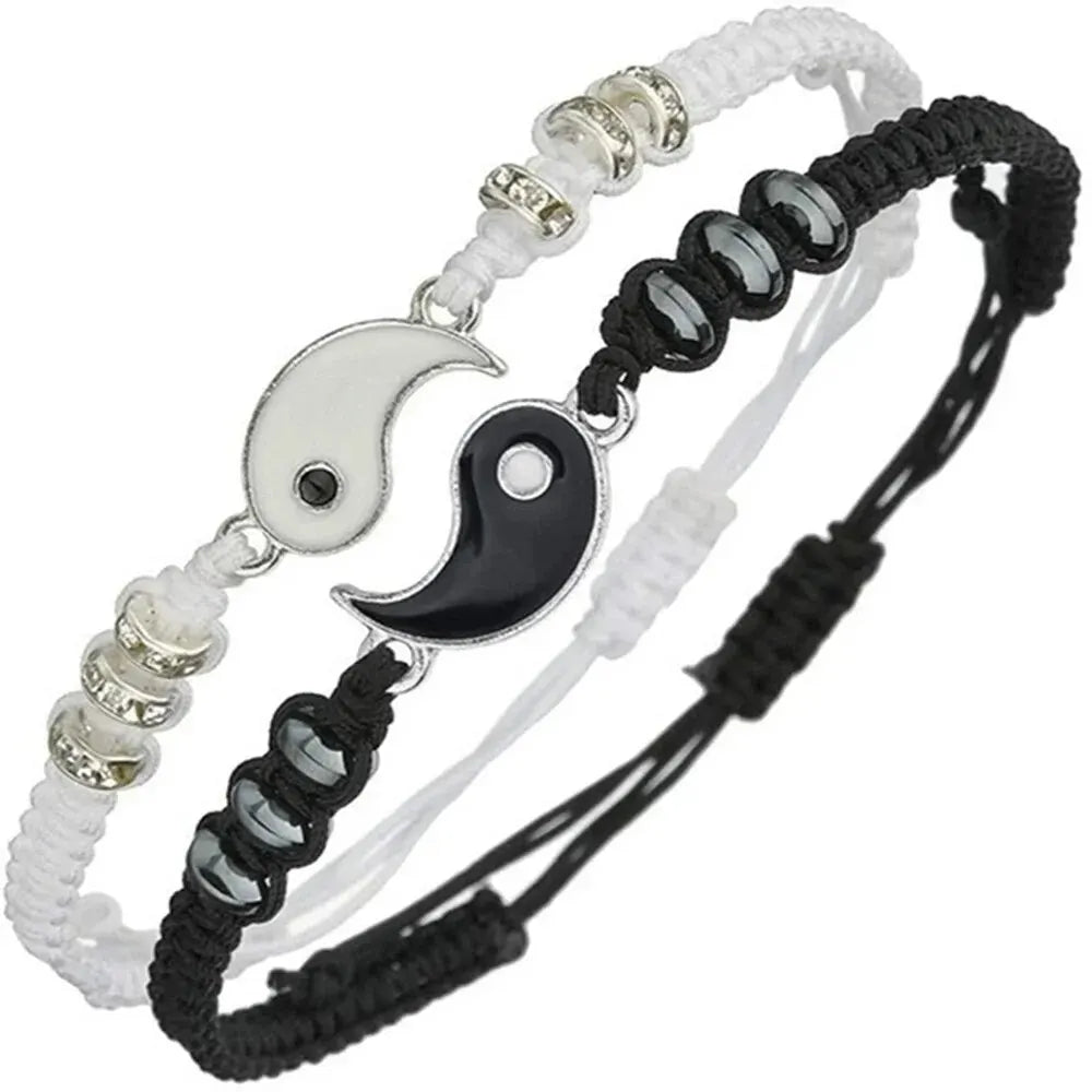 Couple Tai Chi Bracelet Set – Black & White Adjustable Rope Chain Jewelry for Daily Wear, Simple Style