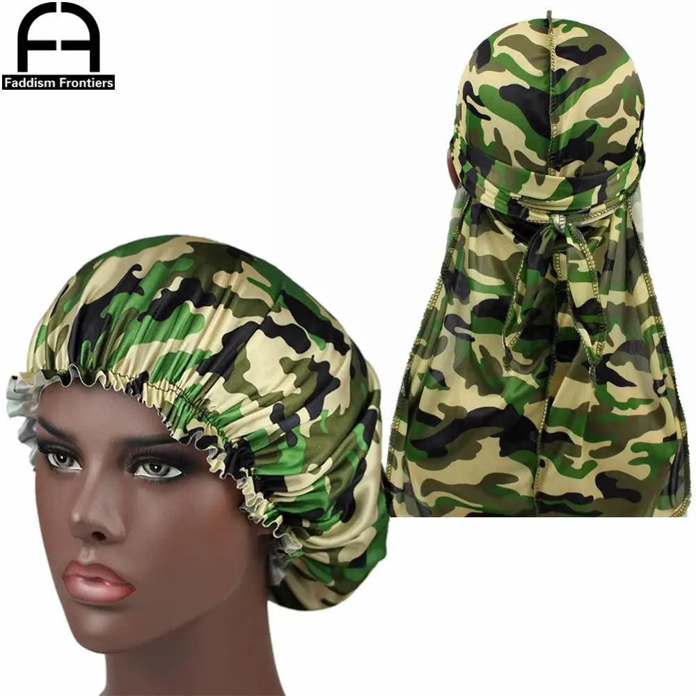 Camo Silky Durag & Bonnet Set - Ankara Print Sleeping Cap and Turban for Women
