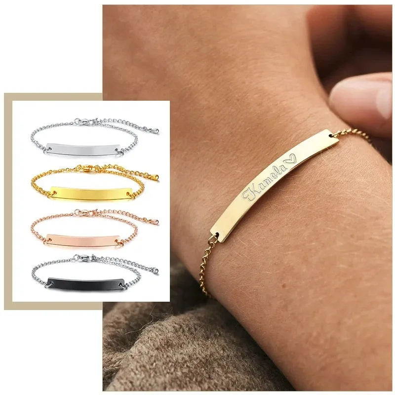 Elegant Personalized ID Bar Bracelet – 5mm Stainless Steel Link Chain for Women with Custom Name or Quote