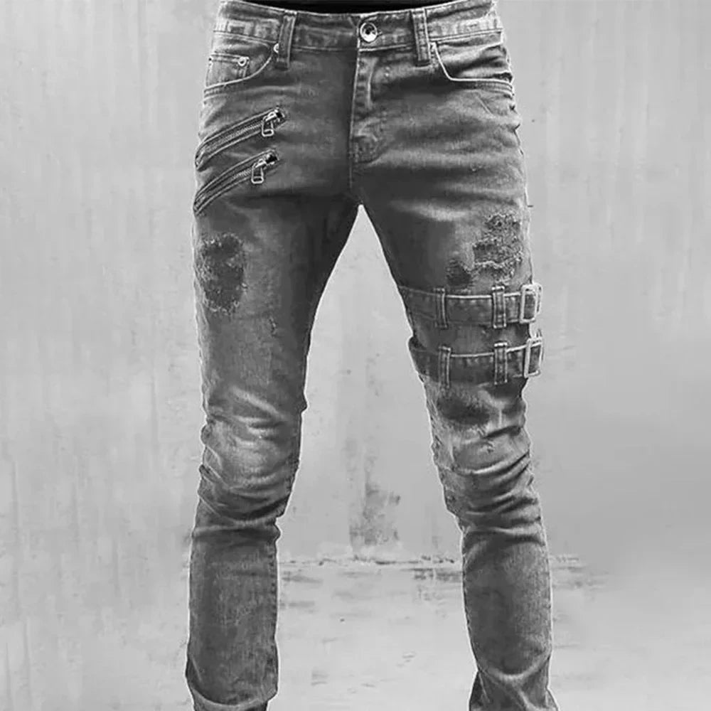 2024 Plus Size Men’s Straight Jeans – Casual Skinny Streetwear Denim Pants with Zippers in 3 Colors
