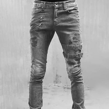 2024 Plus Size Men’s Straight Jeans – Casual Skinny Streetwear Denim Pants with Zippers in 3 Colors