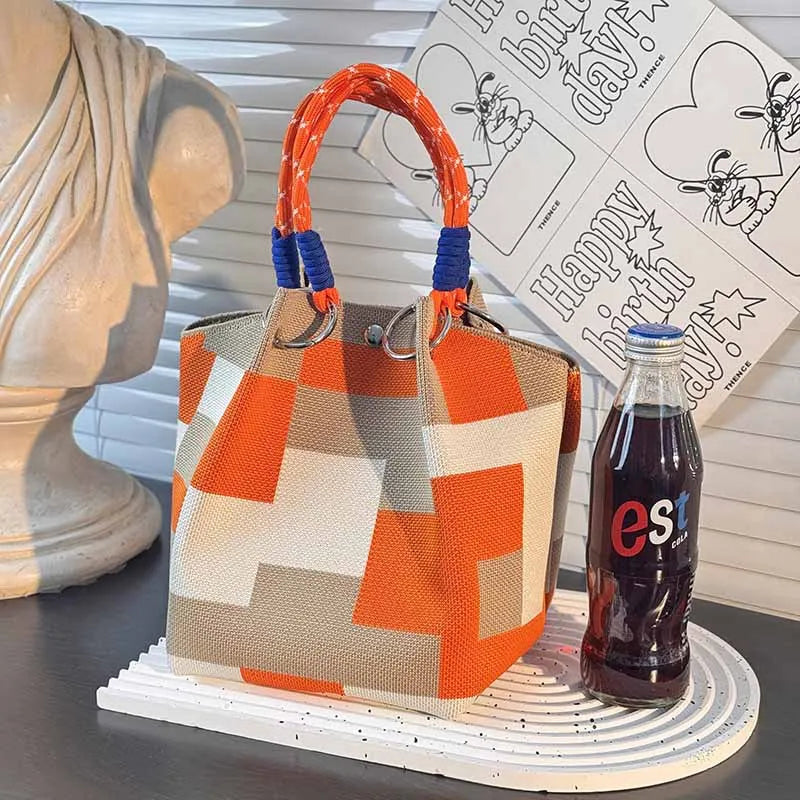 Women’s Metal Ring Bucket Handbag – Fashionable Color Block Knit Tote Bag, Spacious for Daily Commute, Leisure & Travel