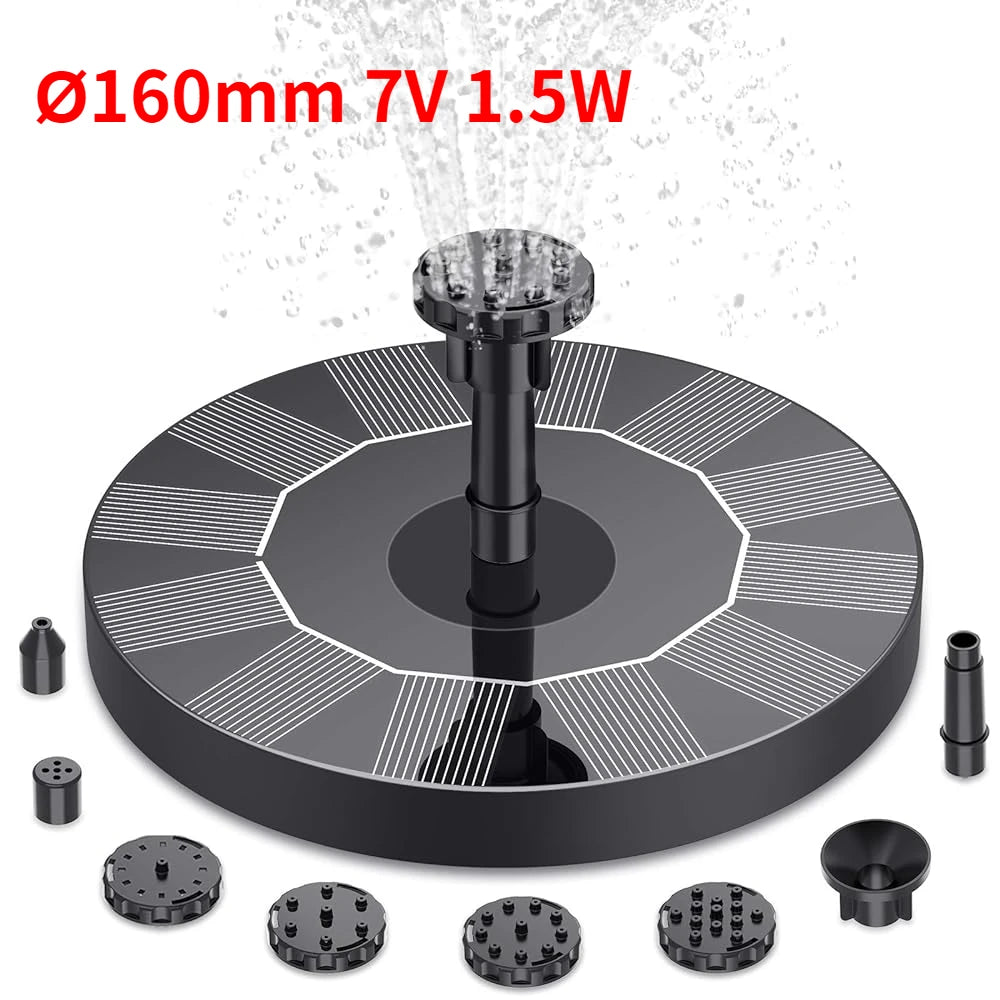 Outdoor Solar Fountain Pump Kit – 1W/1.5W/2.5W Garden Pond Water Feature with 6 Nozzles for Decorative Landscape Use