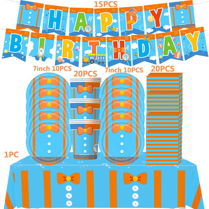 Happy Birthday Party Supplies Set — Cartoon Movie Theme Flag Banner, Paper Tableware, Latex Balloons & Cake Topper Decoration