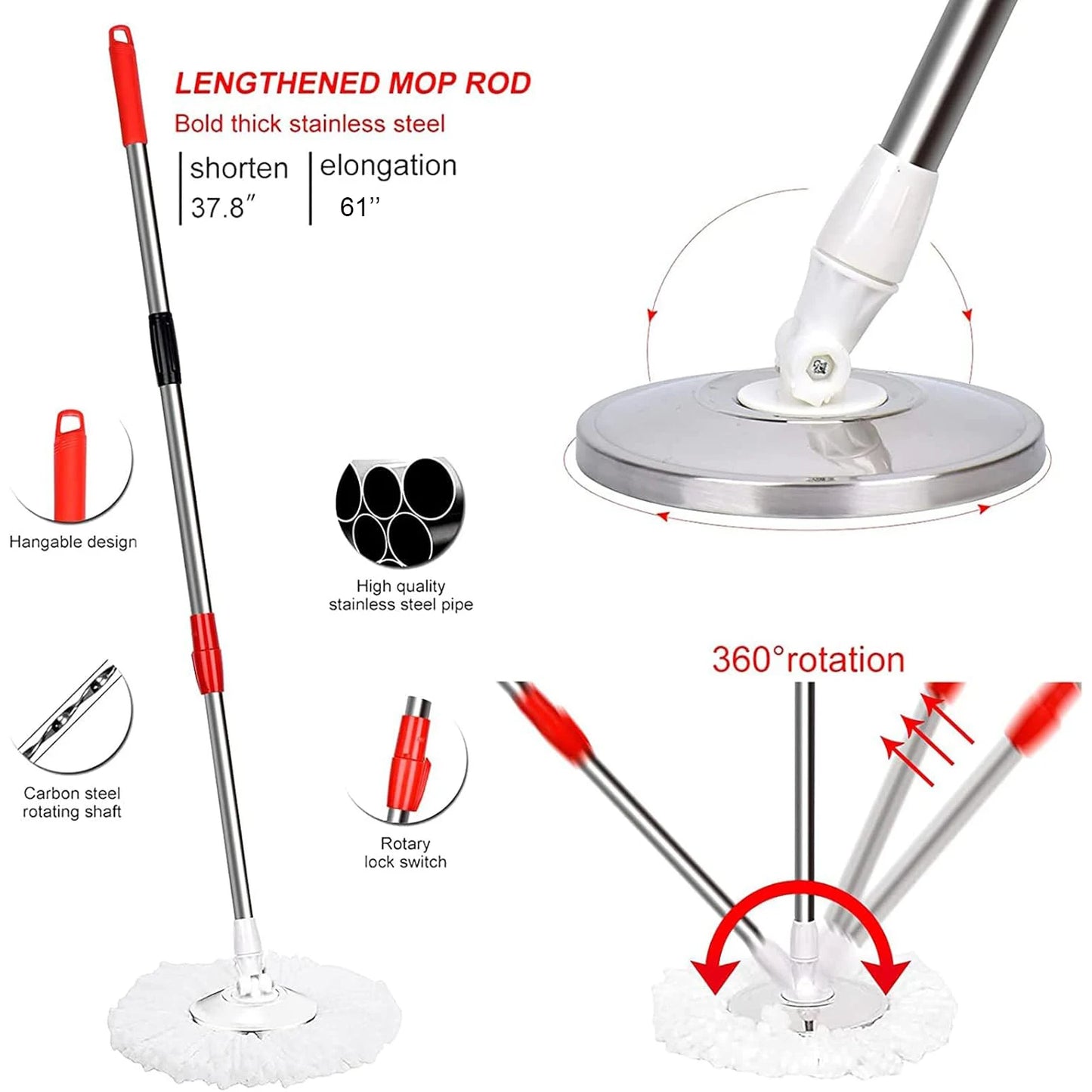 360° Spin Mop Bucket Set – Wring System with 3 Microfiber Heads, Stainless Steel Basket & 61" Extended Handle for Floor Cleaning