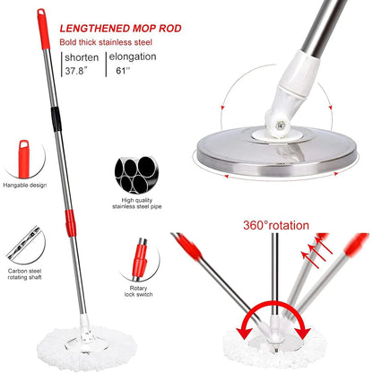 360° Spin Mop Bucket Set – Wring System with 3 Microfiber Heads, Stainless Steel Basket & 61" Extended Handle for Floor Cleaning