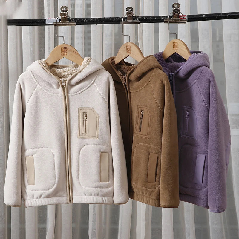 Kids Hooded Winter Jacket - Thick Velvet Warm Windproof Zipper Coat for Boys & Girls