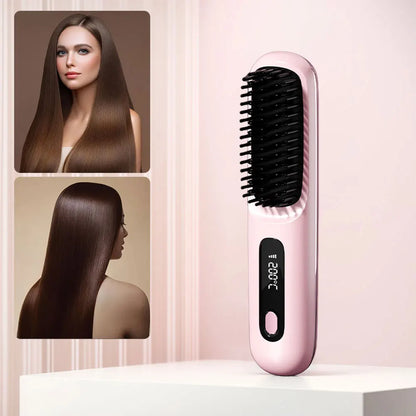 Cordless Hair Straightener Brush – Anti-Scald Electric Hot Comb with 3 Temperature Settings