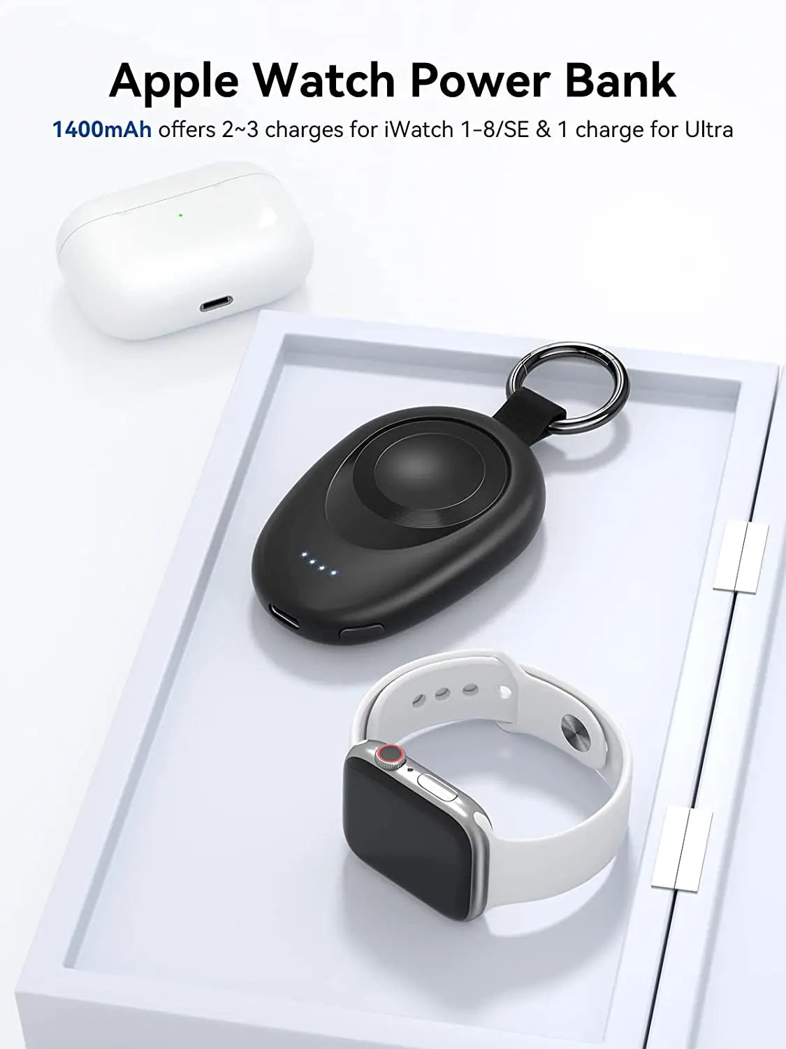 Portable Wireless Charger for Apple Watch Series 2-9 & SE/Ultra – Travel Power Bank Keychain Spare Battery