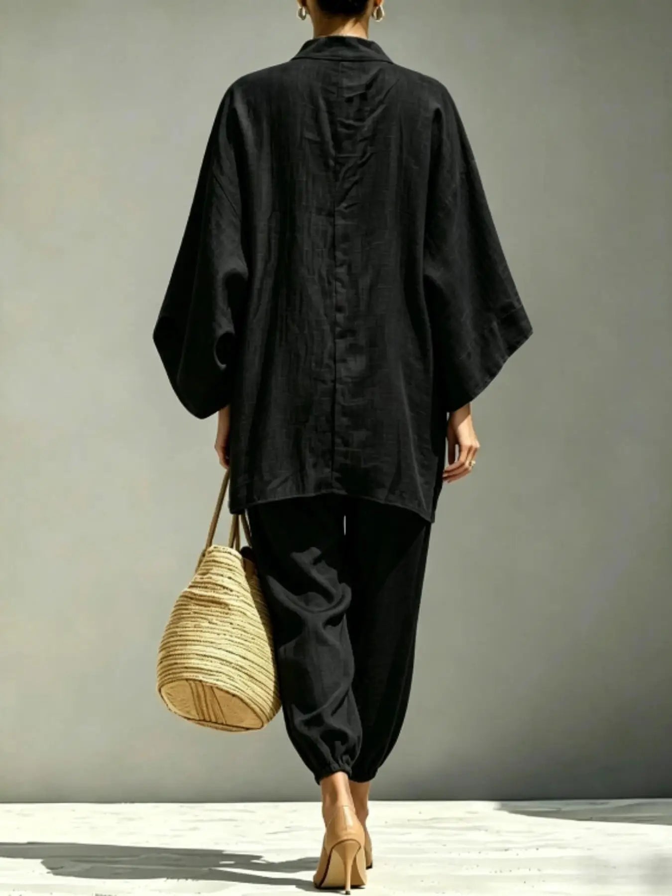 Women’s Linen Casual Set - Summer Loose Deep V-Neck Batwing Sleeve Nine-Piece Solid Color Outfit