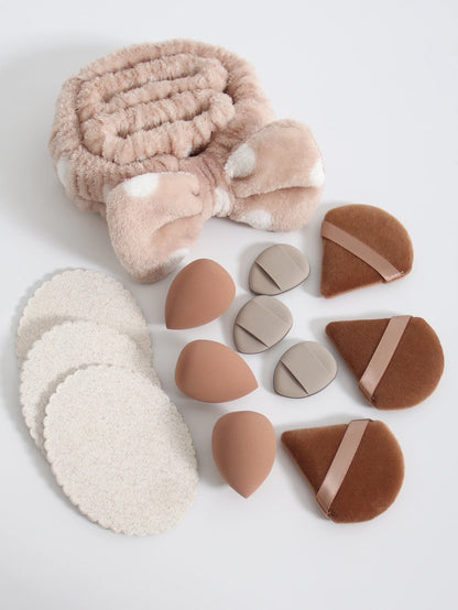15Pcs Multi-Colored Fluffy Headband & Makeup Sponge Set - Sweet Style Beauty Essentials