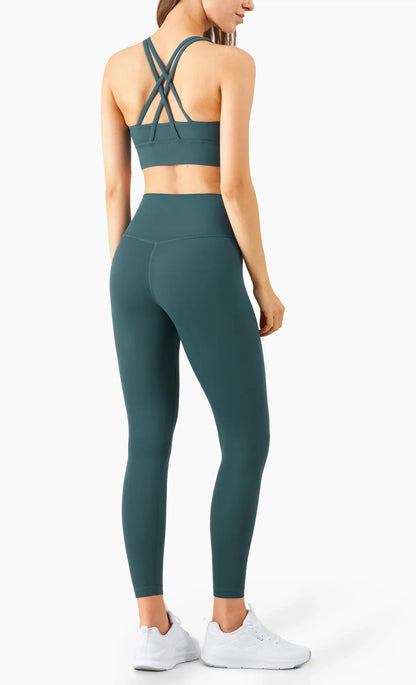 Summer 2 Piece Women's Yoga Tracksuit - Cross-Back Nylon Top and Leggings Athletic Set for Pilates and Fitness
