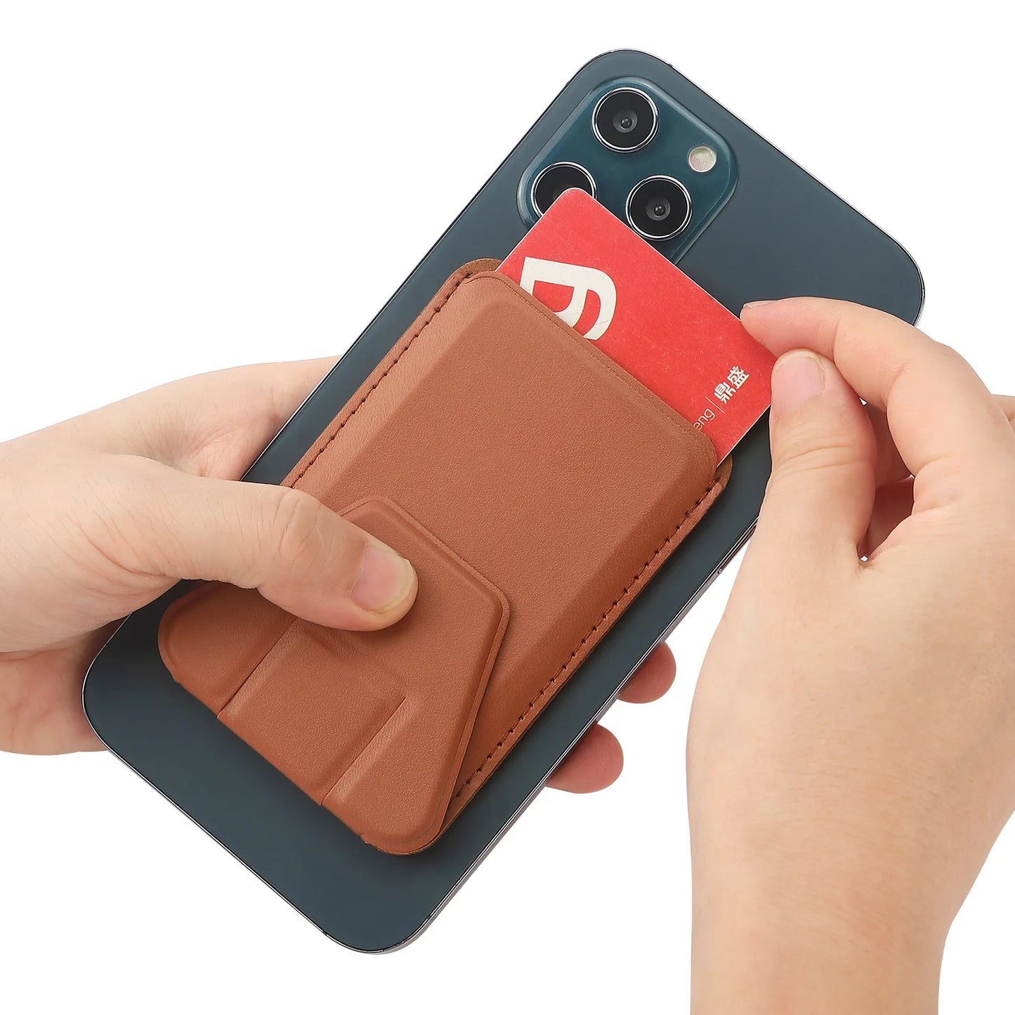 Phone Wallet Stick-On Card Holder – 3M Adhesive Credit Card Slot with Folding Kickstand for Phone Case