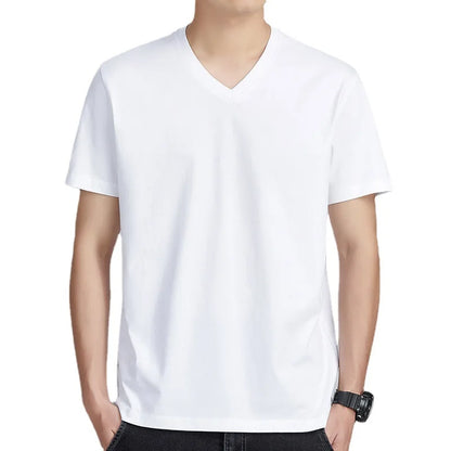 Men's Pure Cotton V-Neck T-Shirt - Comfortable Loose-Fit Casual Short Sleeve Top