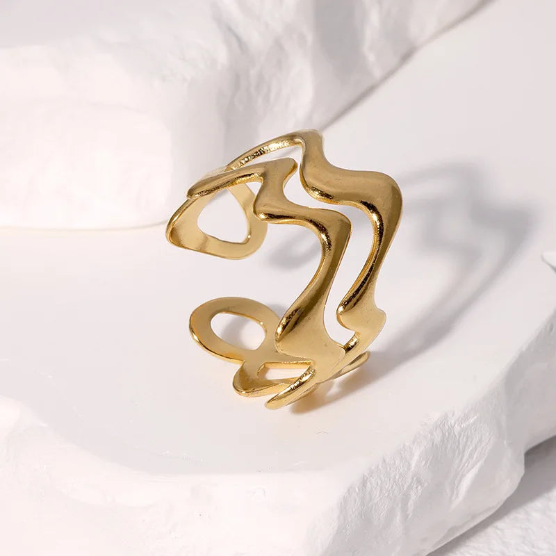 Stainless Steel Irregular Wave Adjustable Ring – Creative Gold Statement Jewelry for Women & Men