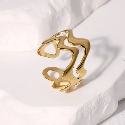 Stainless Steel Irregular Wave Adjustable Ring – Creative Gold Statement Jewelry for Women & Men