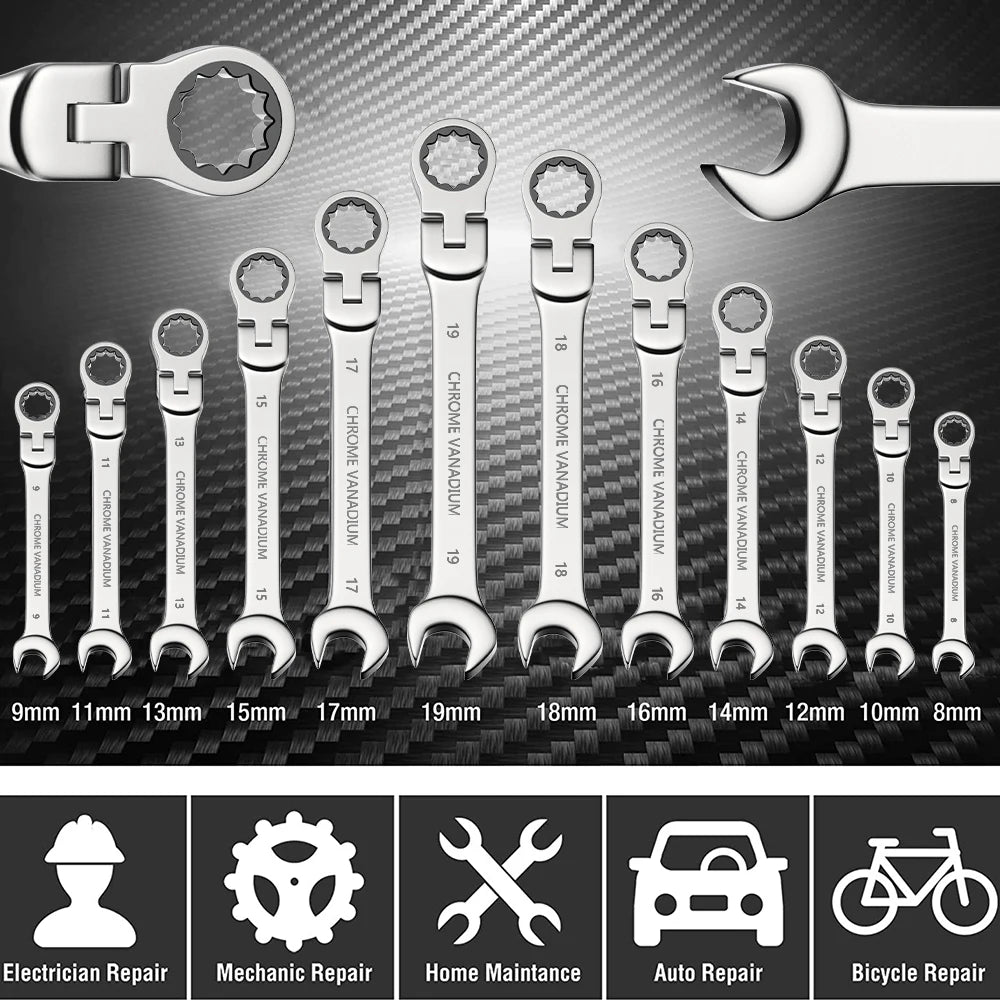 6-22mm Metric Ratcheting Combination Wrench Set – Flex Head Chrome Vanadium Steel Spanners with Carry Bag