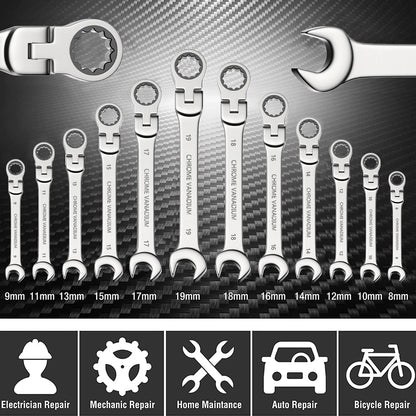 6-22mm Metric Ratcheting Combination Wrench Set – Flex Head Chrome Vanadium Steel Spanners with Carry Bag