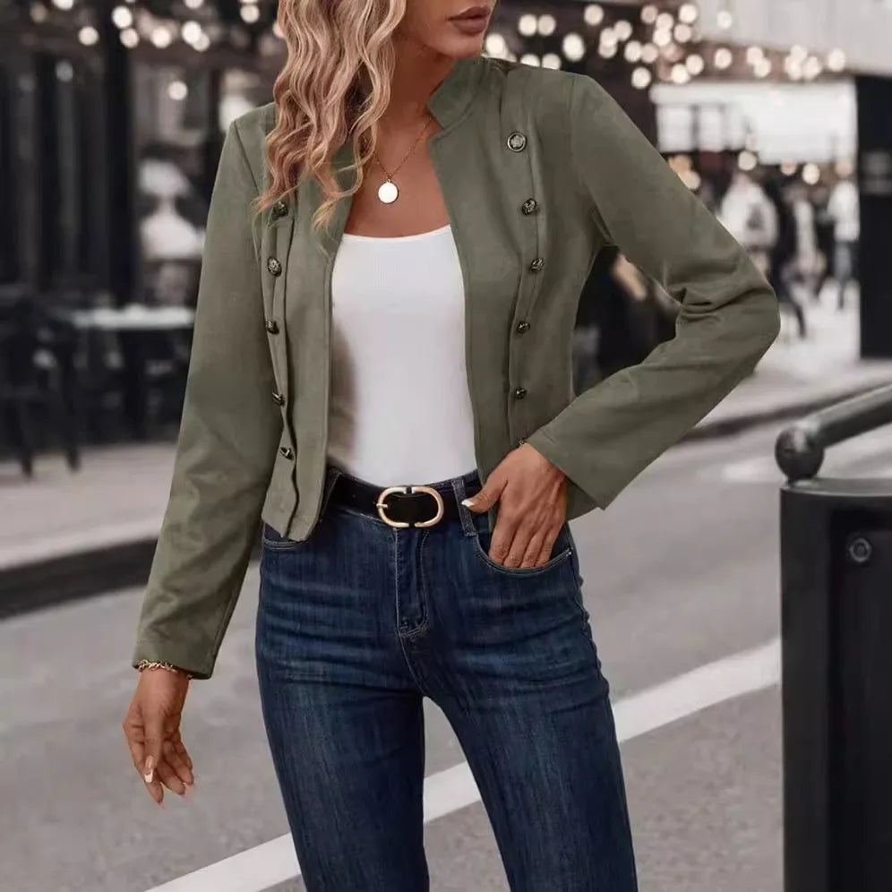Women's Double-Breasted Blazer Coat – Stand Collar, Slim Fit, Long Sleeves Retro Jacket for Spring & Autumn