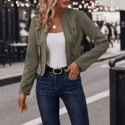 Women's Double-Breasted Blazer Coat – Stand Collar, Slim Fit, Long Sleeves Retro Jacket for Spring & Autumn