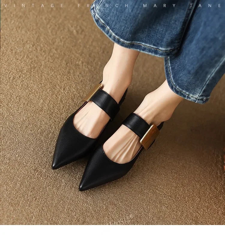 2023 Spring Women’s Suede High Thick Heel Pumps – Black & Apricot Square Toe with Metal Decoration, Elegant Lady Shoes