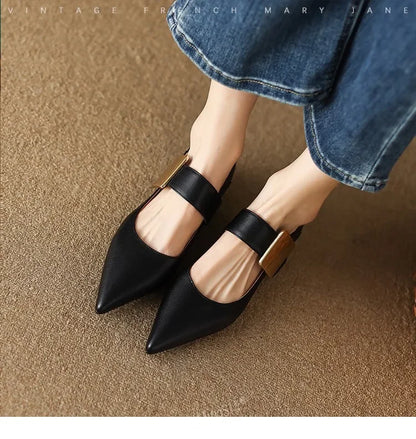 2023 Spring Women’s Suede High Thick Heel Pumps – Black & Apricot Square Toe with Metal Decoration, Elegant Lady Shoes