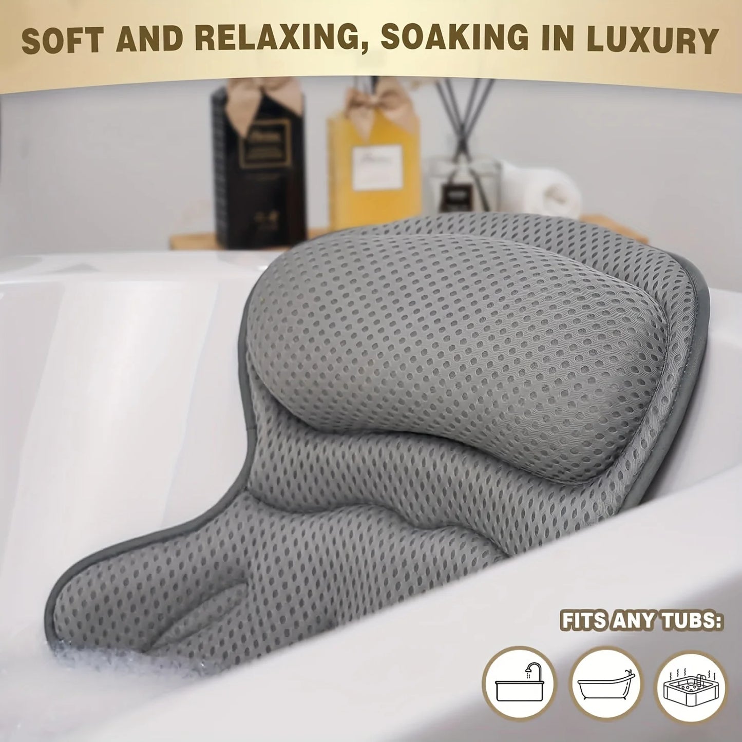 Luxury Bath Pillow with 3D Air Mesh - Secure Suction Neck & Back Support for Home & Spa Use