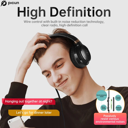 Picun C60 Wired On-Ear Headphones with Mic - Noise Isolating Computer Headphones, Volume Control, 3.5mm Aux Jack