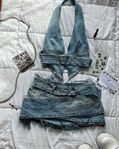 Y2K Light Gray Two-Piece Pants Set — Women’s Harajuku Goth Slim Tube Top & High-Waist Sweatpants