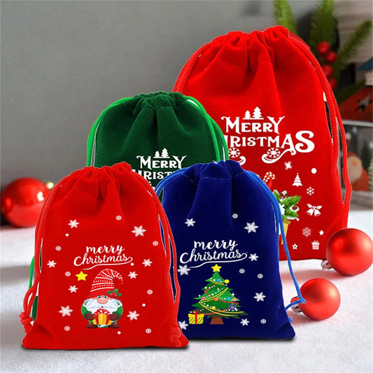 2025 Christmas Velvet Drawstring Bags – Red & Green Candy, Gift, Party, and Biscuit Storage Pouches