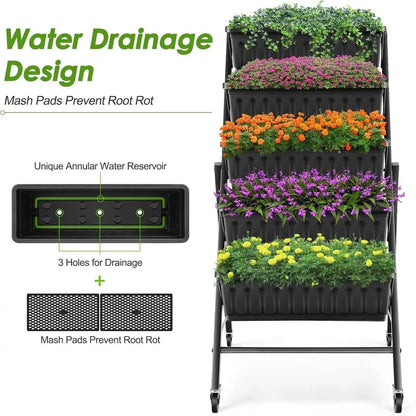 2-Tier Veal Garden Planter with Wheels – Black Herb & Vegetable Planter with Drainage and Hooks