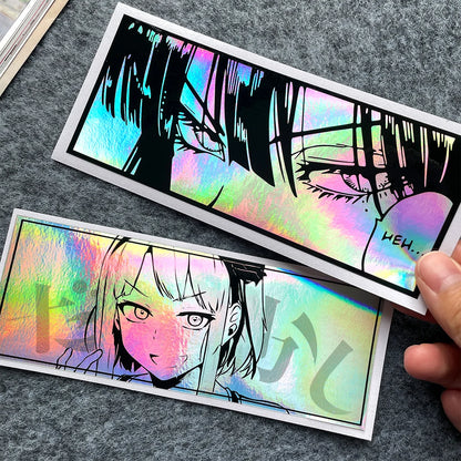 JDM Anime Girl Holographic Stickers - Rainbow Vinyl Decals for Car Windows, Motorcycles, Helmets, and Windshields