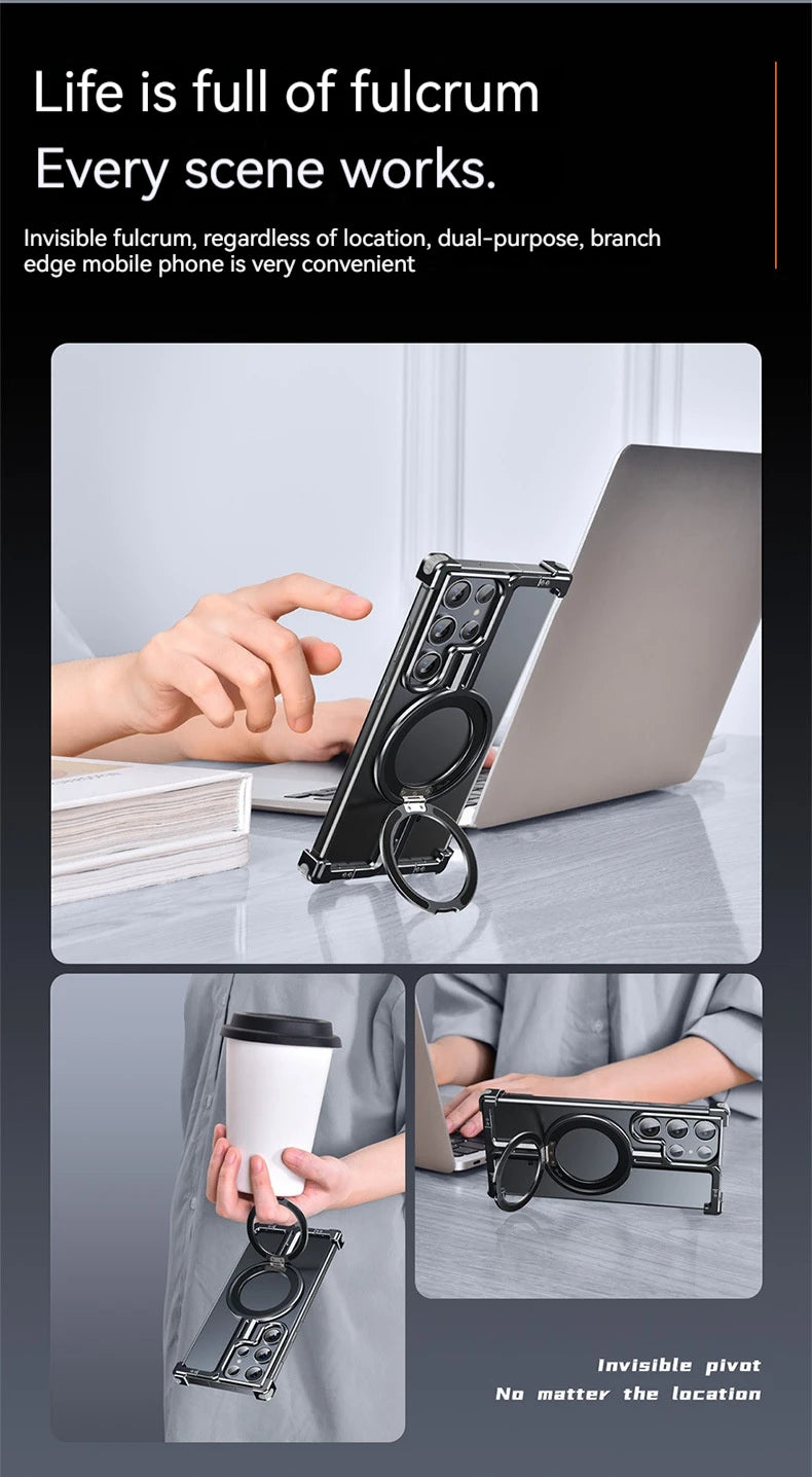 Magnetic Metal Phone Case for Samsung Galaxy S24/S23 Ultra – Aluminum Alloy Frameless Bumper with Finger Ring