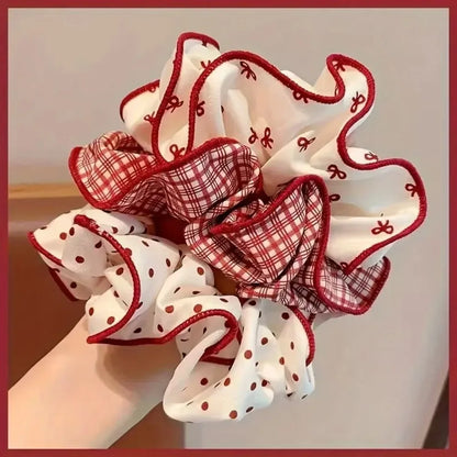 Red Dot Plaid Scrunchies - 2/3pcs Soft Elastic Hair Ties for Women & Girls, Cute Fashion Hair Accessories