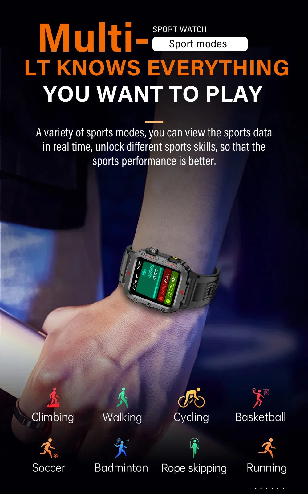 LAXASFIT Men’s Smart Watch – LED Flashlight, Outdoor Sports, Health Monitoring Wristwatch