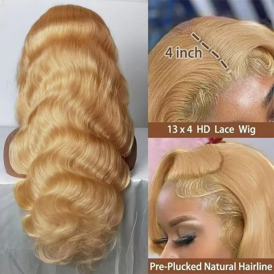 27" Honey Blonde Human Hair Wig - 13x6 HD Lace Frontal, 250 Density Body Wave Lace Front Wig