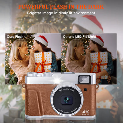 4K Digital Camera – 48MP Auto Focus Vlogging Camera for YouTube, Anti-Shake, Viewfinder, Flash & Dial (Brown)