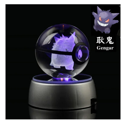 Anime Pokemon 3D Crystal Ball – Snorlax & Charizard Engraved Pokeball Figure with LED Light Base, Kids Gift