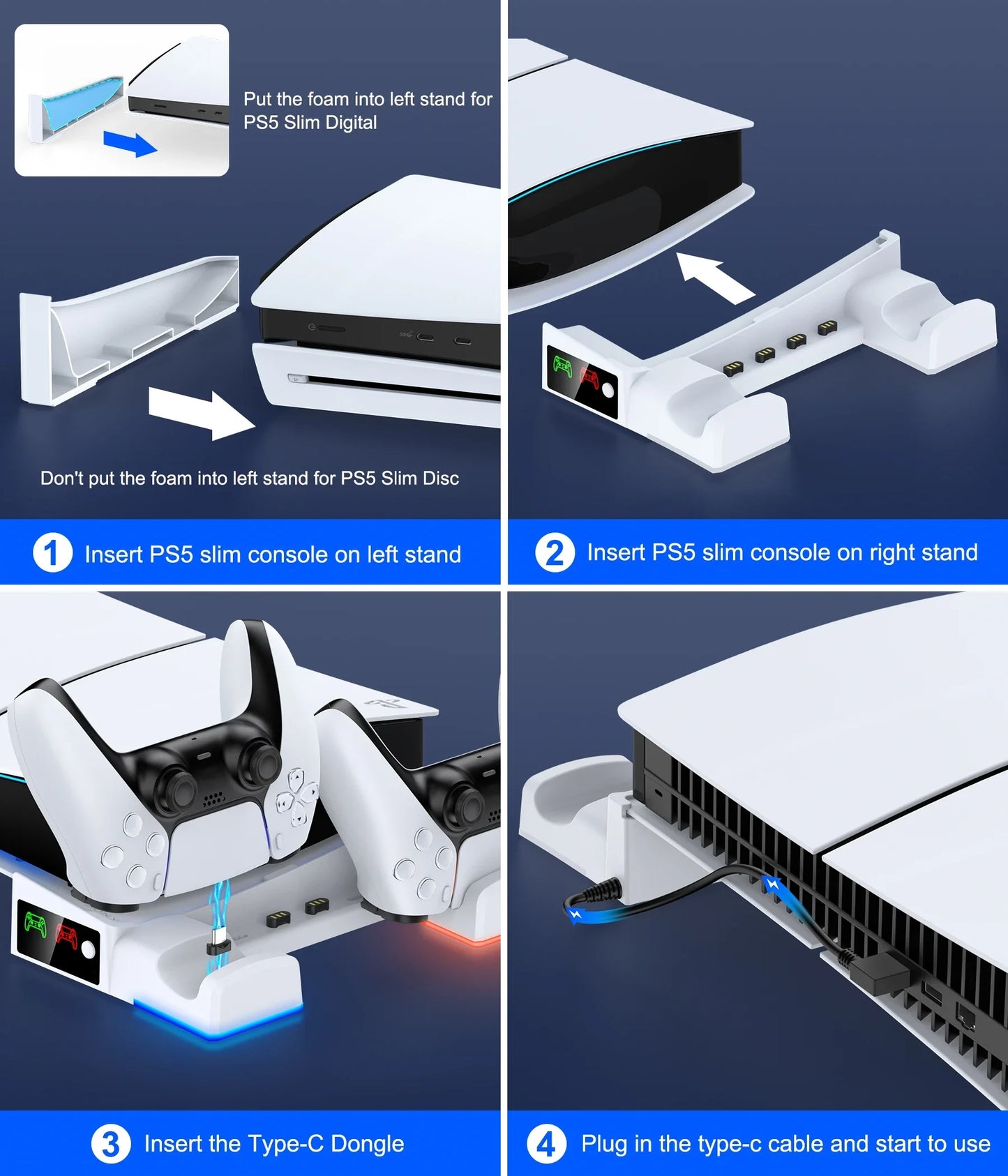 BEBONCOOL PH100 PS5 Pro & PS5 Slim Charging Stand with LED Lights – Horizontal Dock for PlayStation 5 Digital & Disc Version Accessories