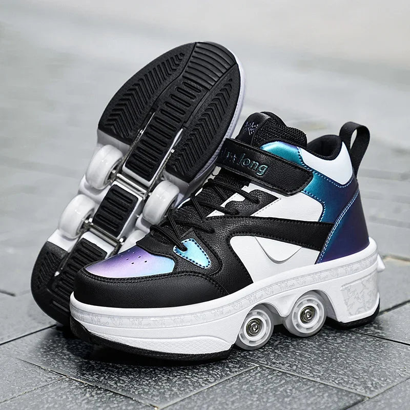 Women's High-Top 4-Wheel Roller Shoes – Fashionable Unisex Pop-Up Sneakers with Wheels, Dual-Purpose Skating & Casual Shoes
