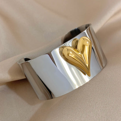 Greatera Stainless Steel Heart Cuff Ring – Wide Thick Statement Jewelry for Women & Men, European American Style