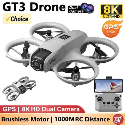 GT3 8K GPS Drone – Professional Foldable Quadcopter with 180° Dual HD Cameras, 5G WiFi, Obstacle Avoidance & Brushless Motors