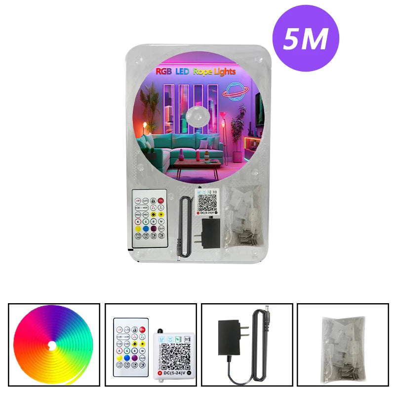 EU Plug DC24V RGB Neon LED Strip – 3535 Bluetooth Music Sync Waterproof Rope Light, 5-30M for Indoor & Outdoor Decor