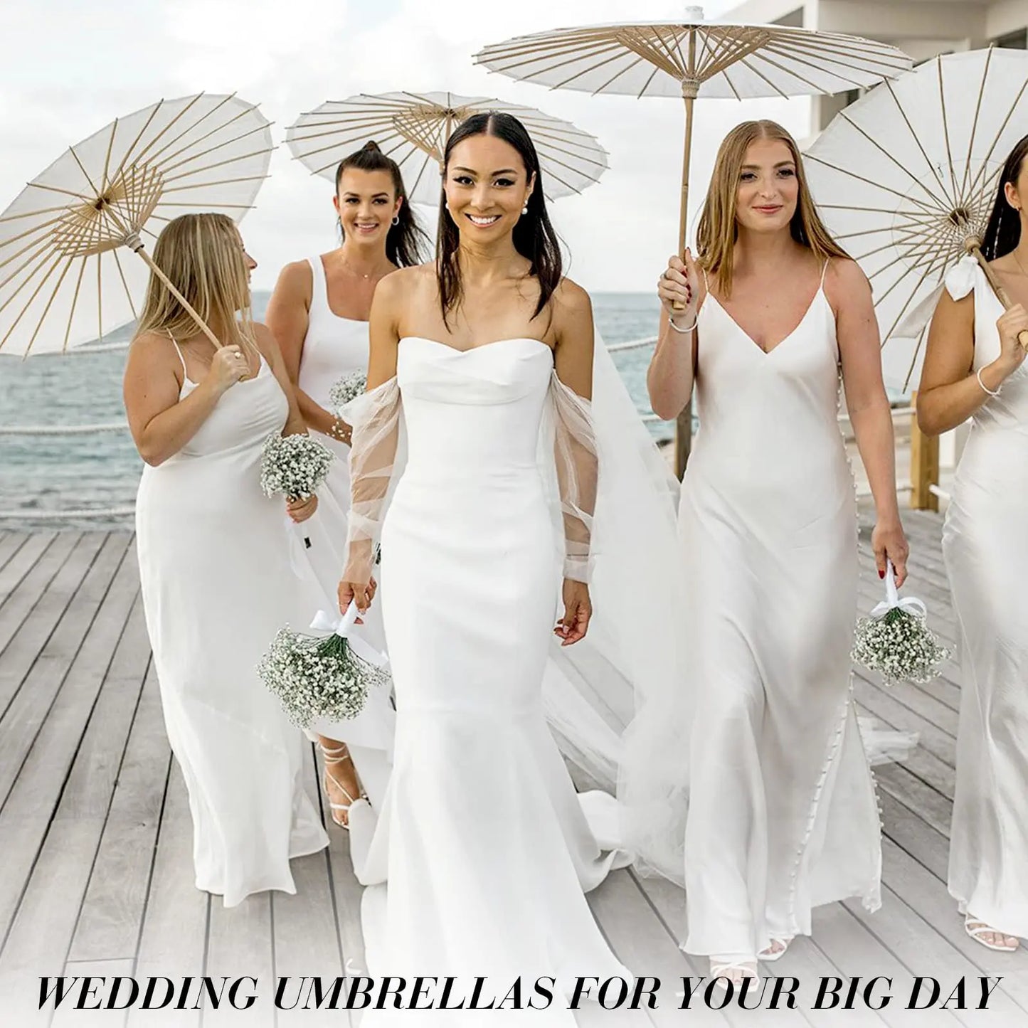 60/84cm White Wedding Paper Umbrellas – Chinese Wooden Handle, DIY Rustic Photography Props for Baby Shower, Party & Wedding