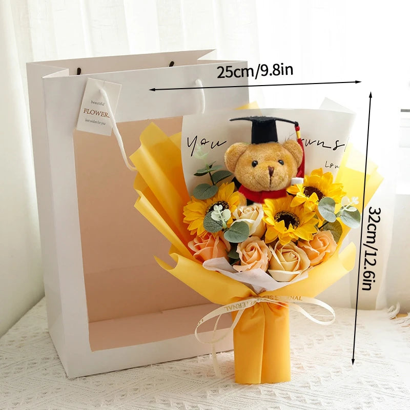 DIY Simulated Flower Bouquet – Crochet Sunflower Finished Product, Graduation, Doctoral, Valentine’s Day & Birthday Gift with Bear