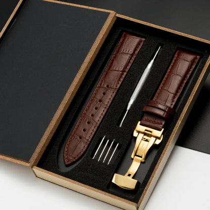 Genuine Leather Watch Strap with Wooden Box – Butterfly Clasp Bracelet 18-24mm Wristband