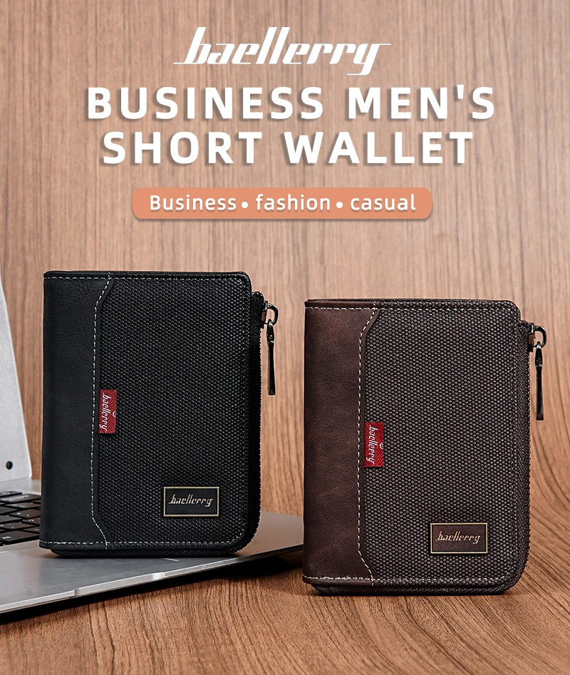 Baellerry RFID Short Men’s Wallet — Luxury Zipper Card Holder with Coin Pocket & Photo Slots