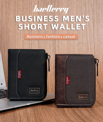 Baellerry RFID Short Men’s Wallet — Luxury Zipper Card Holder with Coin Pocket & Photo Slots