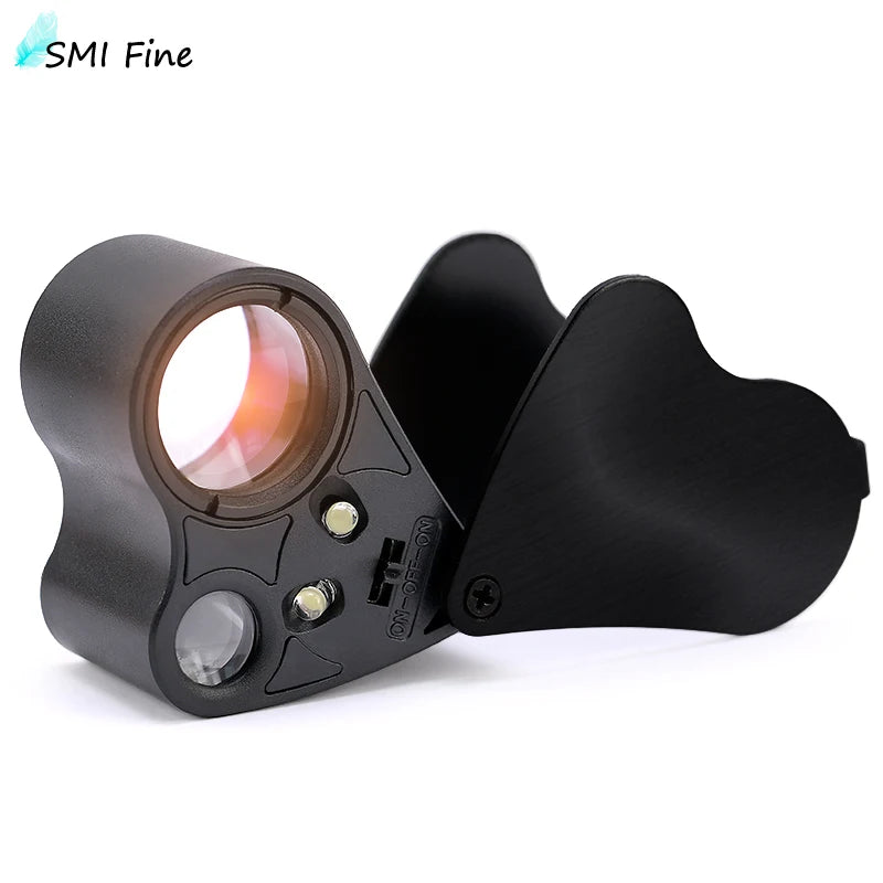 30X 60X LED Jewelry Loupe Magnifier - Foldable Illuminated Eye Glass for Gems Coins and Watch Inspection